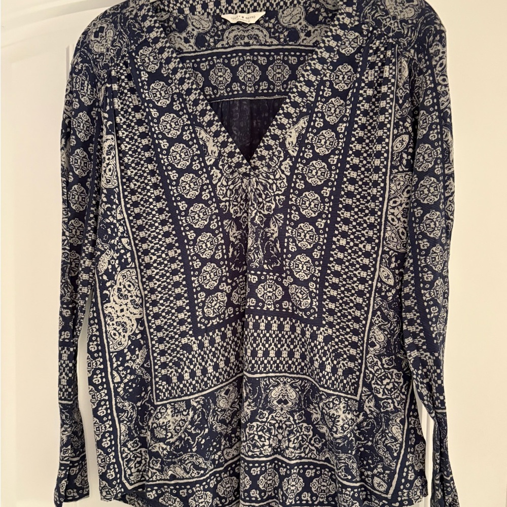 Lucky Brand Blue and Cream Patterned Blouse